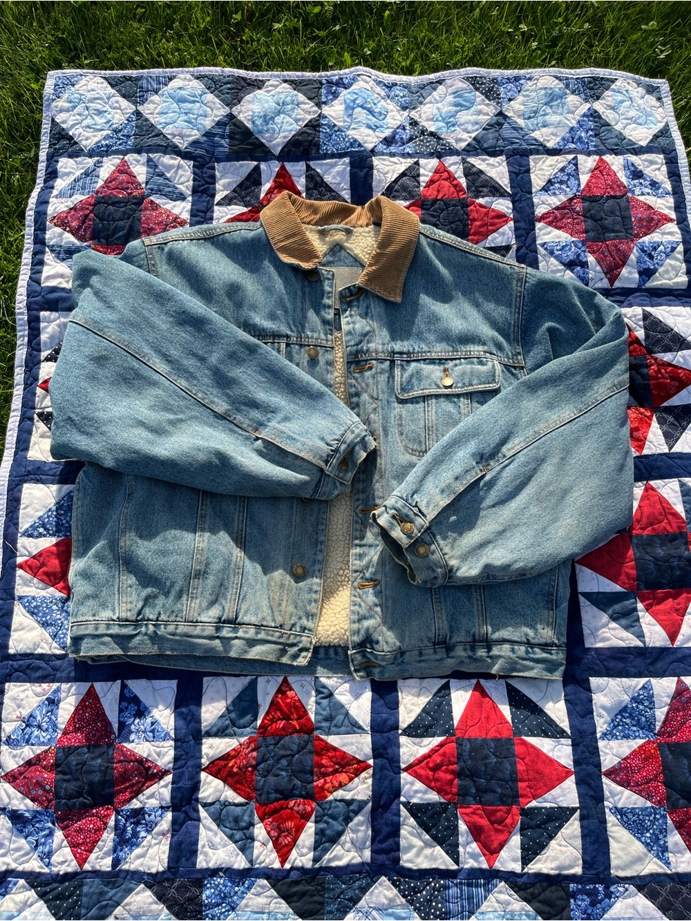 Light Blue Denim Sherpa-Lined Jacket with Brown Corduroy Collar